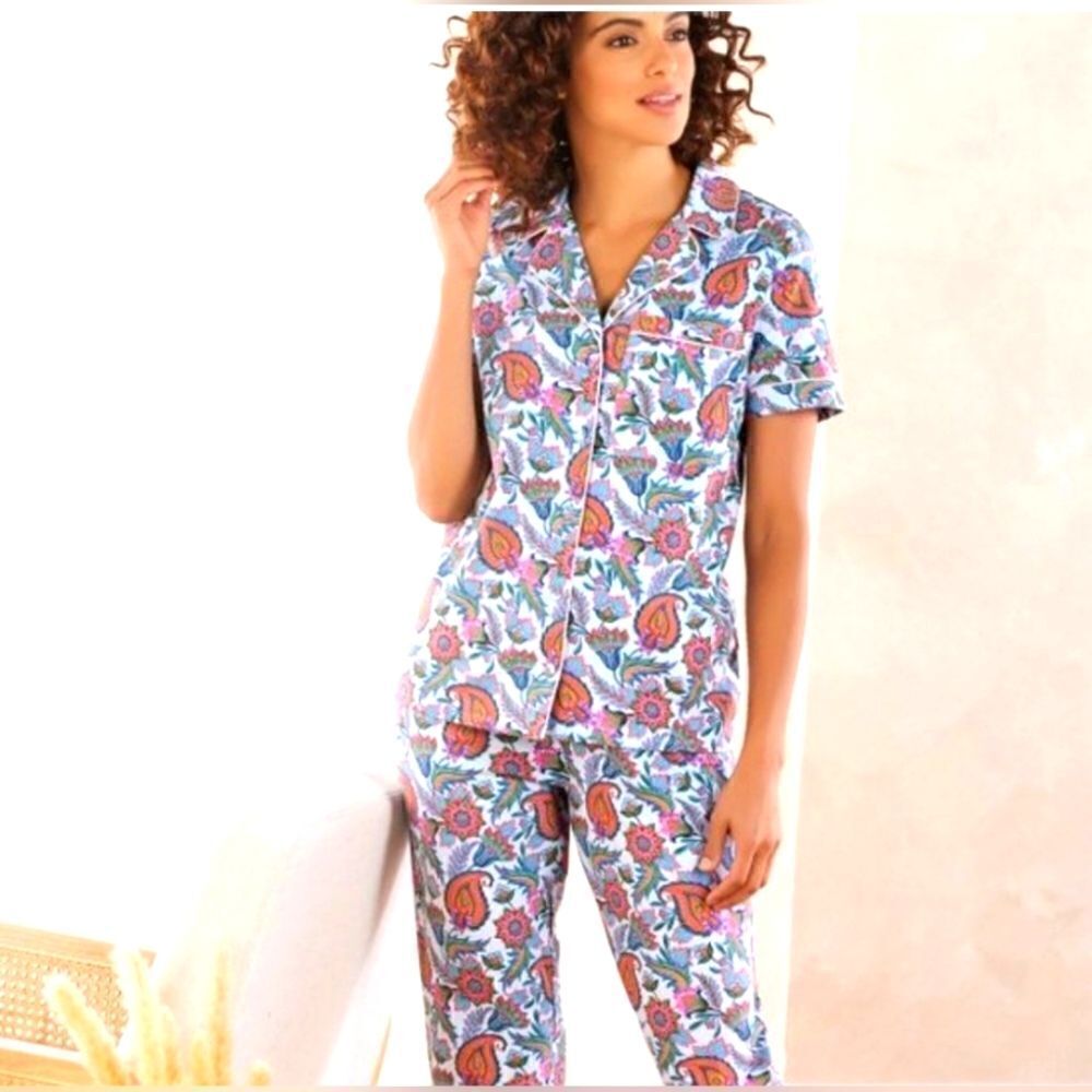 SOFT SURROUNDINGS Harbour Orleans Blue Paisley Button Up Crop Pajama Set - XS - Picture 3 of 7